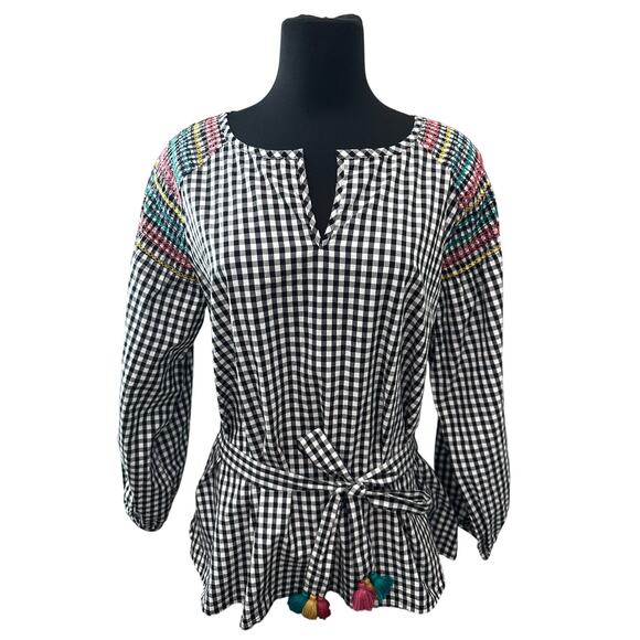 MADEWELL | Black Gingham Peasant Top Embroidered Sleeves Tassel Tie NWT | XL - Picture 1 of 9